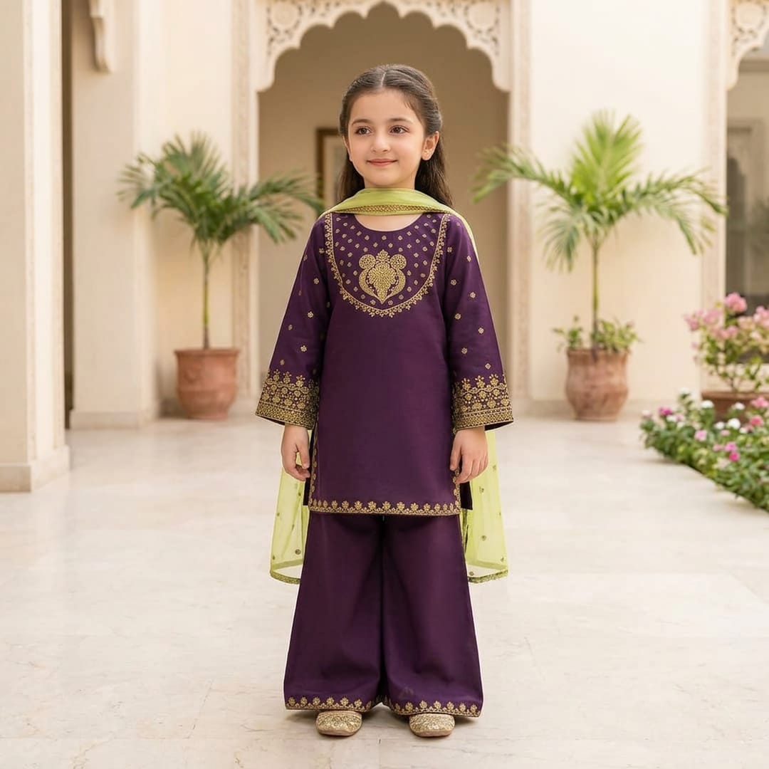 &nbsp;Purple Embroidered Lawn 3Pcs Set for Girls 3-4Yrs