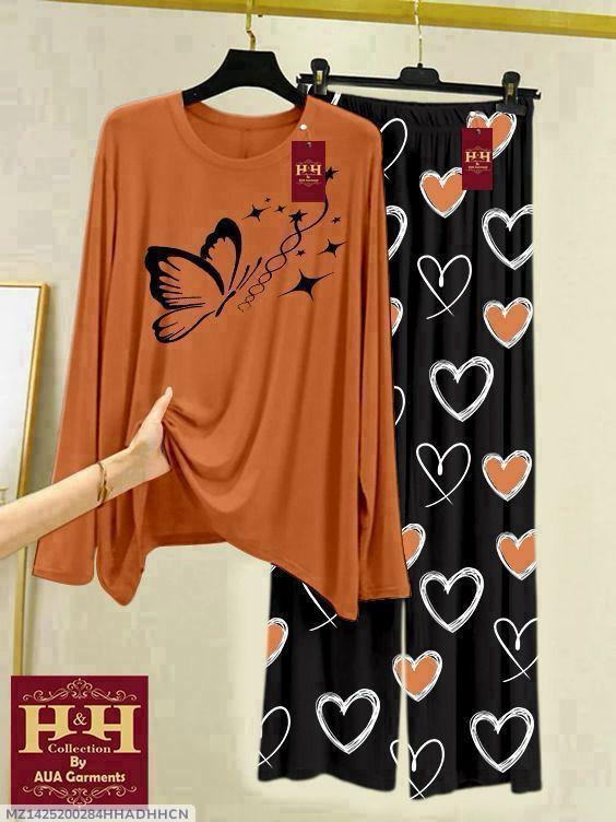 Women Night Suit Butterfly Heart Print Cotton Jersey