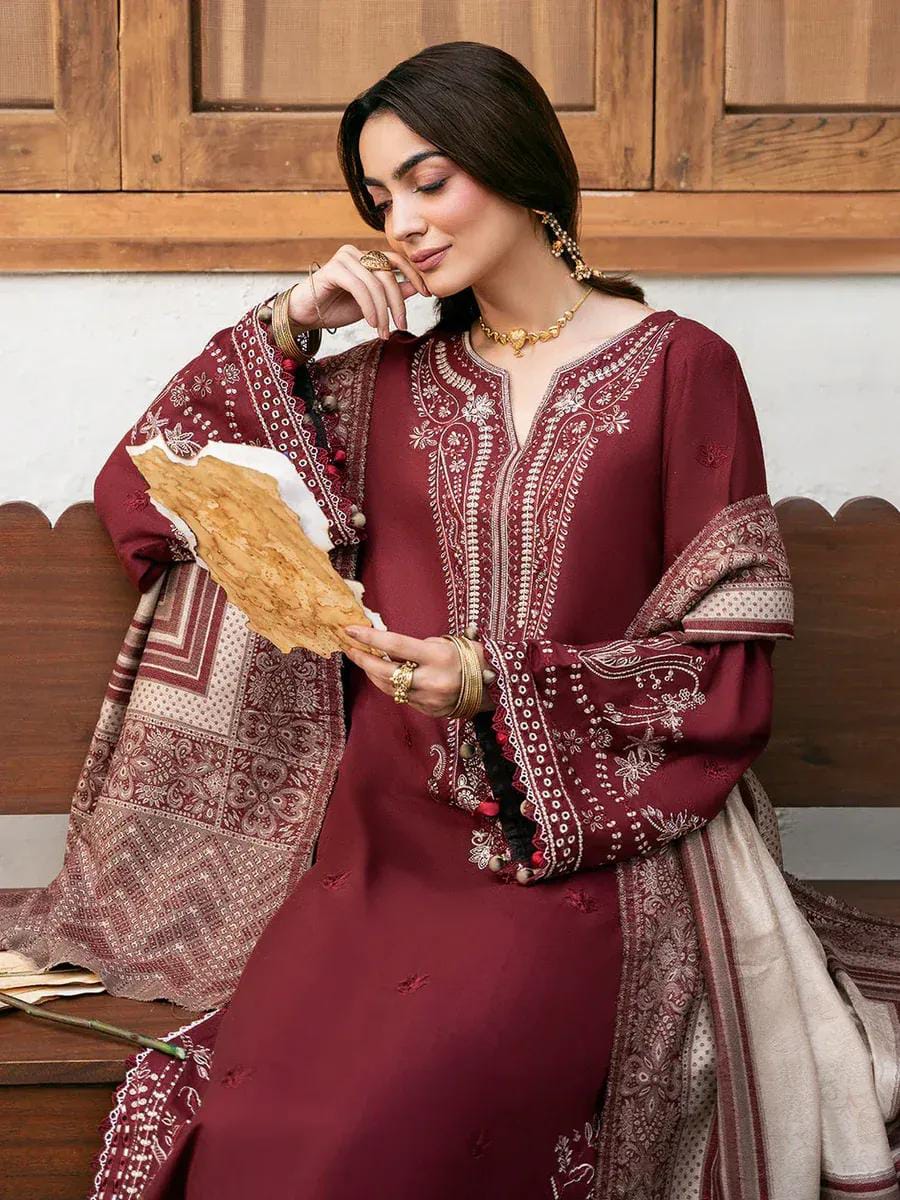 Maroon Embroidered 3 Pcs Lawn Suit for Eid &amp; Parties
