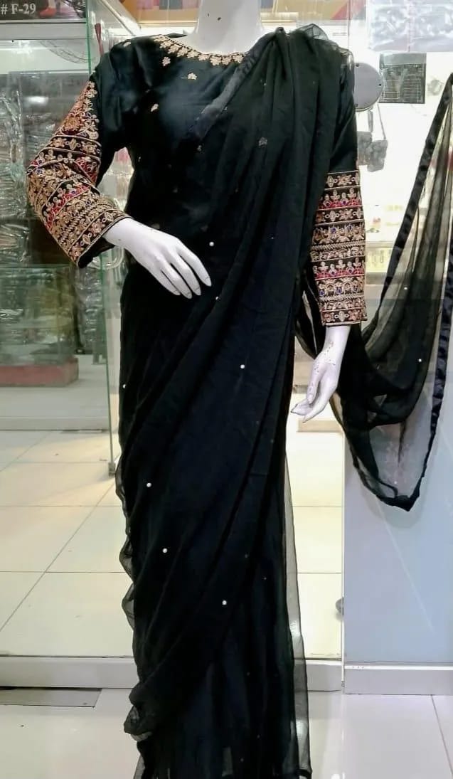 Black Chiffon 3-Piece Saree Set for Eid &amp; Weddings