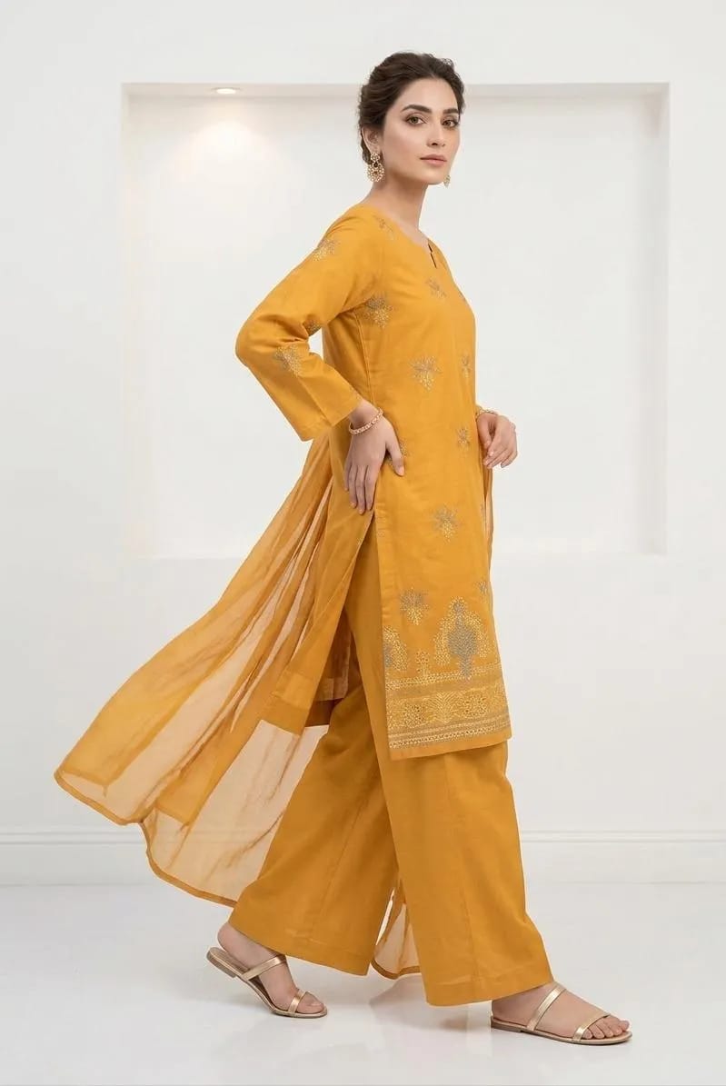 Golden Embroidered 3-Piece Cotton Lawn Suit for Women
