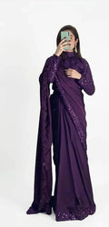 Purple Sequin Embroidered Shamoz Silk Saree Set 7 Yards