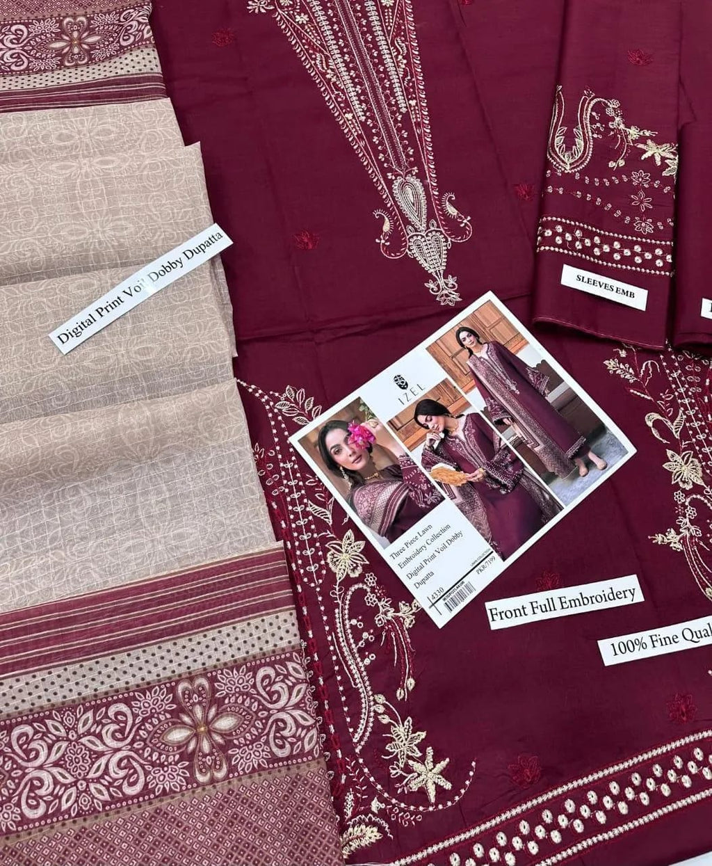 Maroon Embroidered 3 Pcs Lawn Suit for Eid &amp; Parties