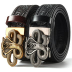 Men Leather Belt with Tiger Carved Buckle Black Gold