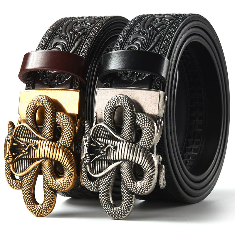 Men Leather Belt with Tiger Carved Buckle Black Gold