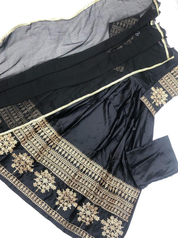 Black Embroidered Shamoz Silk Maxi Set for Women