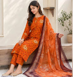 Orange Digital Print 3 Pcs Women's Lawn Suit