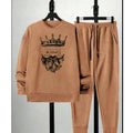 Men Fleece Printed Track Suit Brown King Crown Bearded