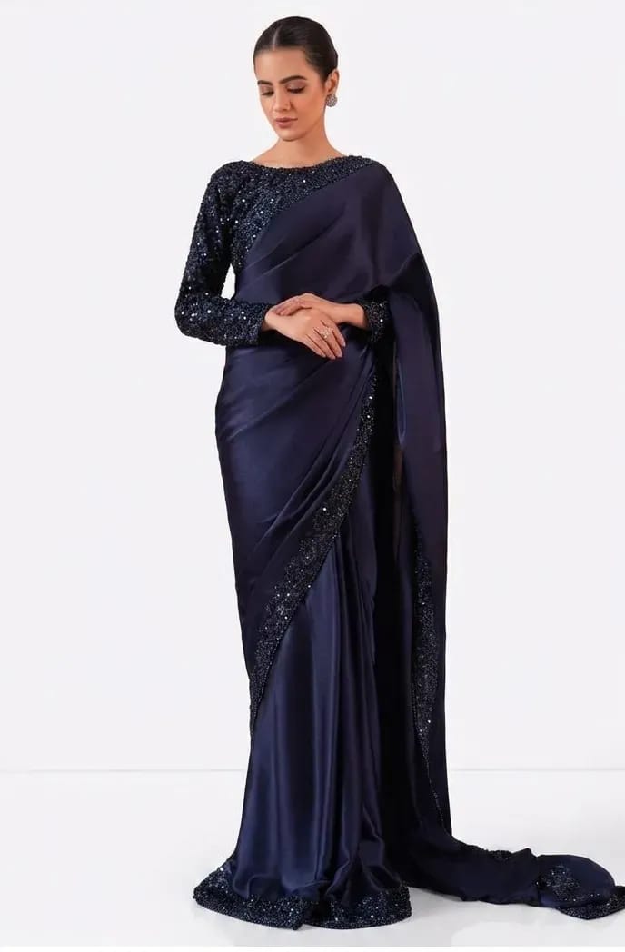 Blue Sequins Embroidered 7 Yard Shamoz Silk Saree