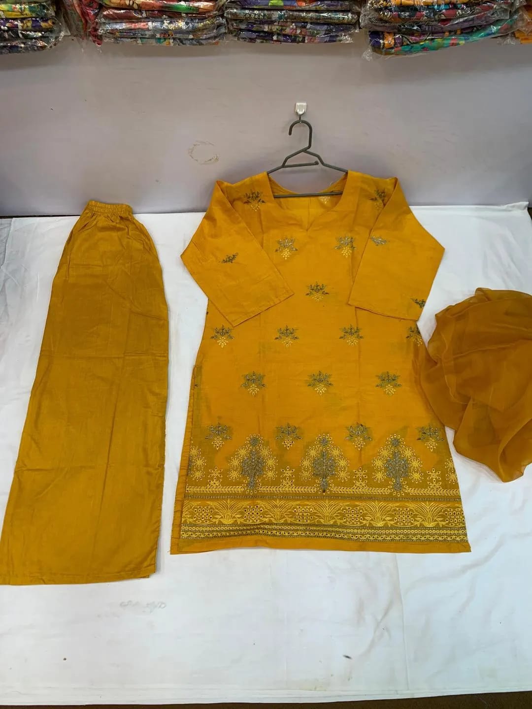 Golden Embroidered 3-Piece Cotton Lawn Suit for Women