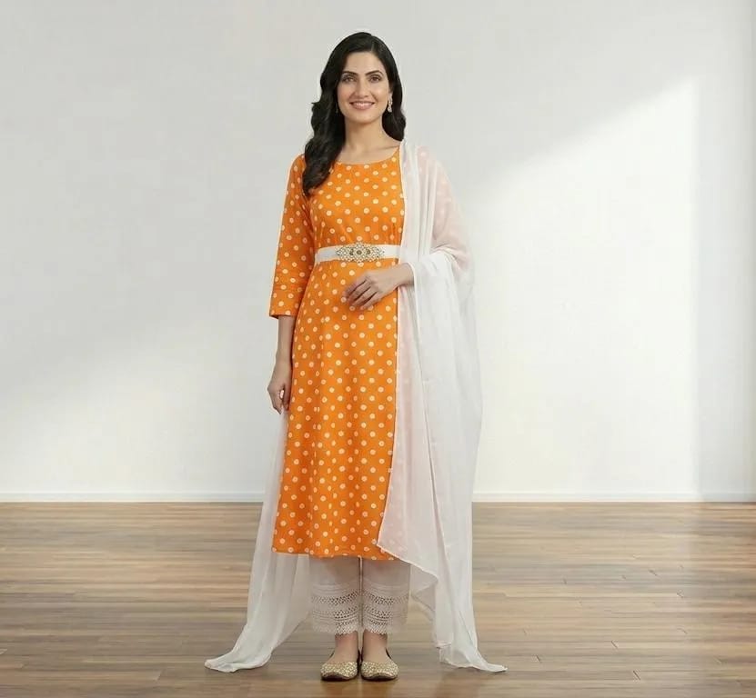 Orange Printed Arabic Lawn 3Pcs Maxi Set