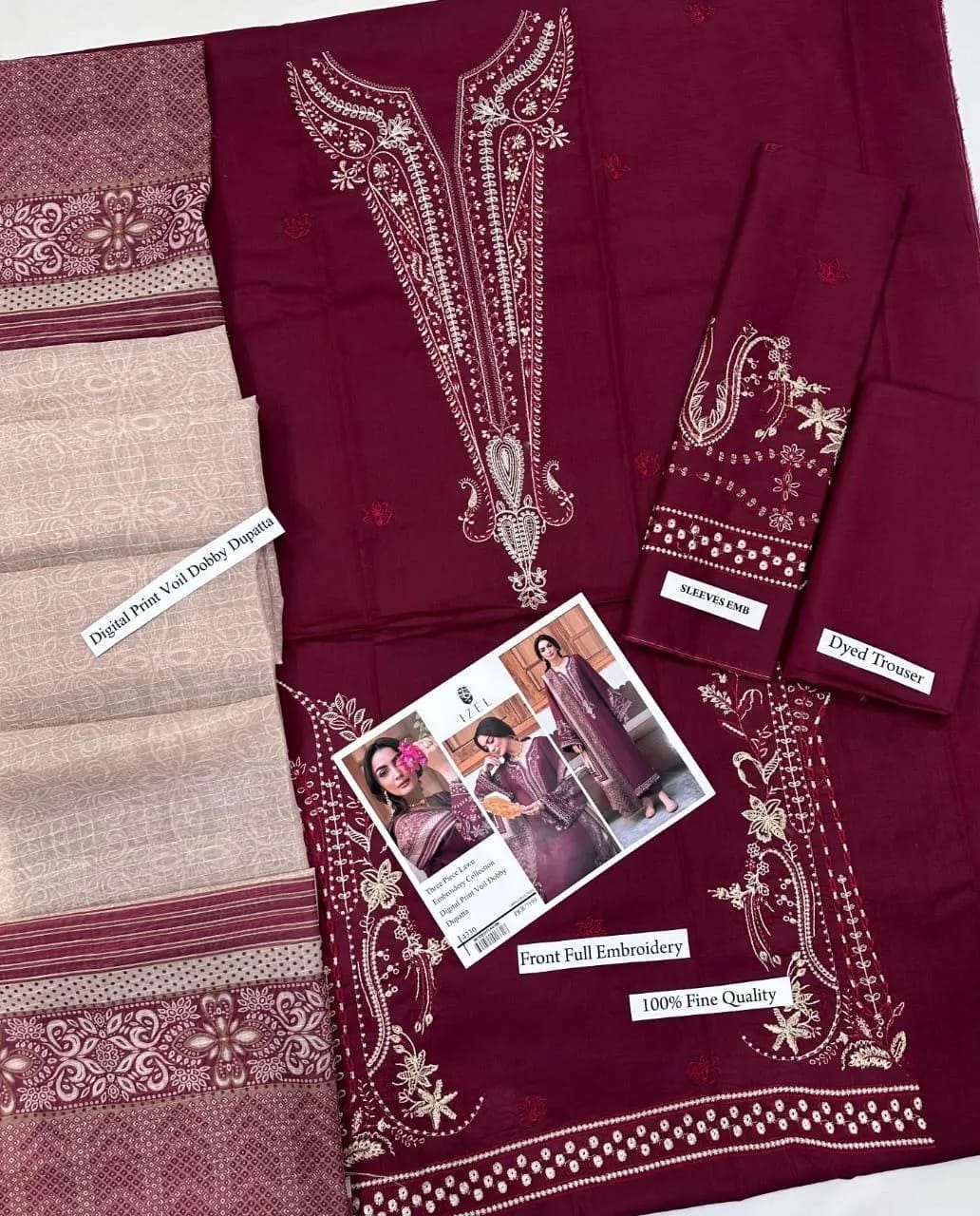 Maroon Embroidered 3 Pcs Lawn Suit for Eid &amp; Parties