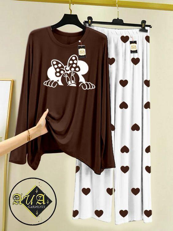Women Minnie Mouse Printed Night Suit Brown 2 Pcs