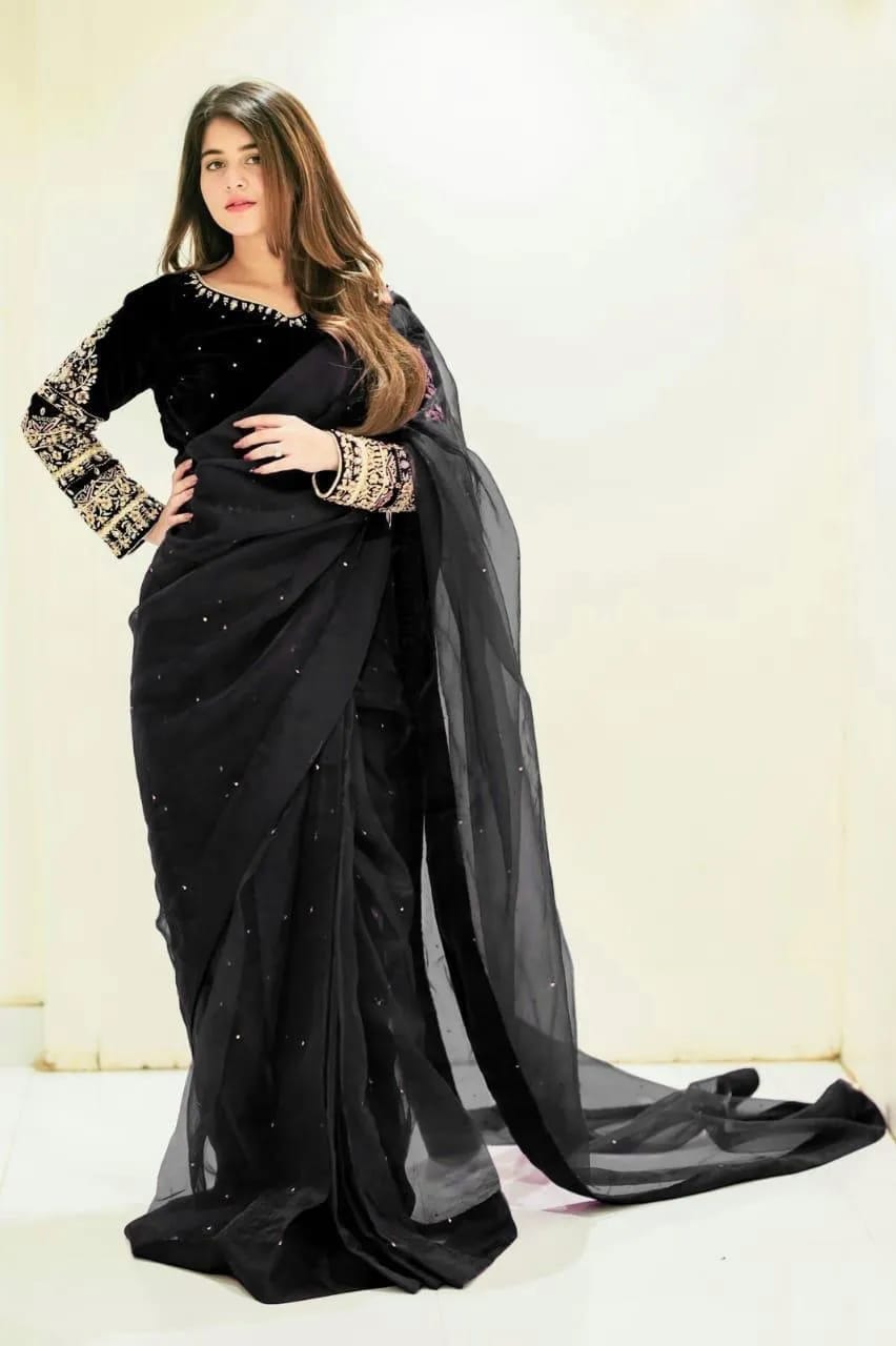 Black Chiffon 3-Piece Saree Set for Eid &amp; Weddings