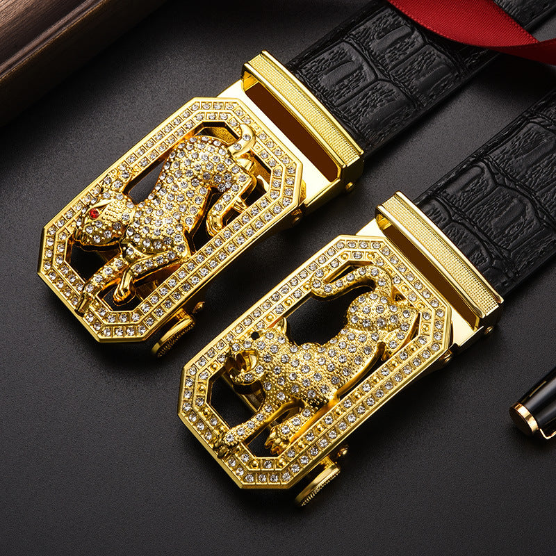 Men Gold Leopard Buckle Crocodile Belt