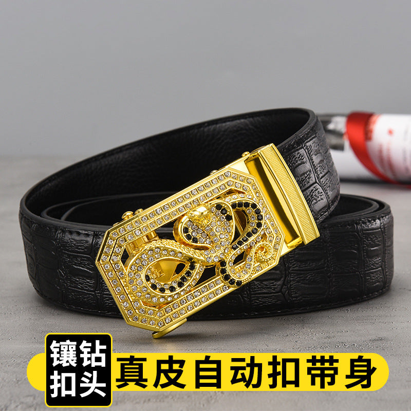 Men Gold Leopard Buckle Crocodile Belt