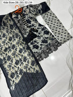 Girls Arabic Lawn Printed Kurta Shalwar Suit Black Grey Floral 3Pc