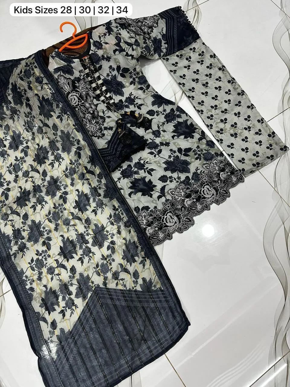 Girls Arabic Lawn Printed Kurta Shalwar Suit Black Grey Floral 3Pc