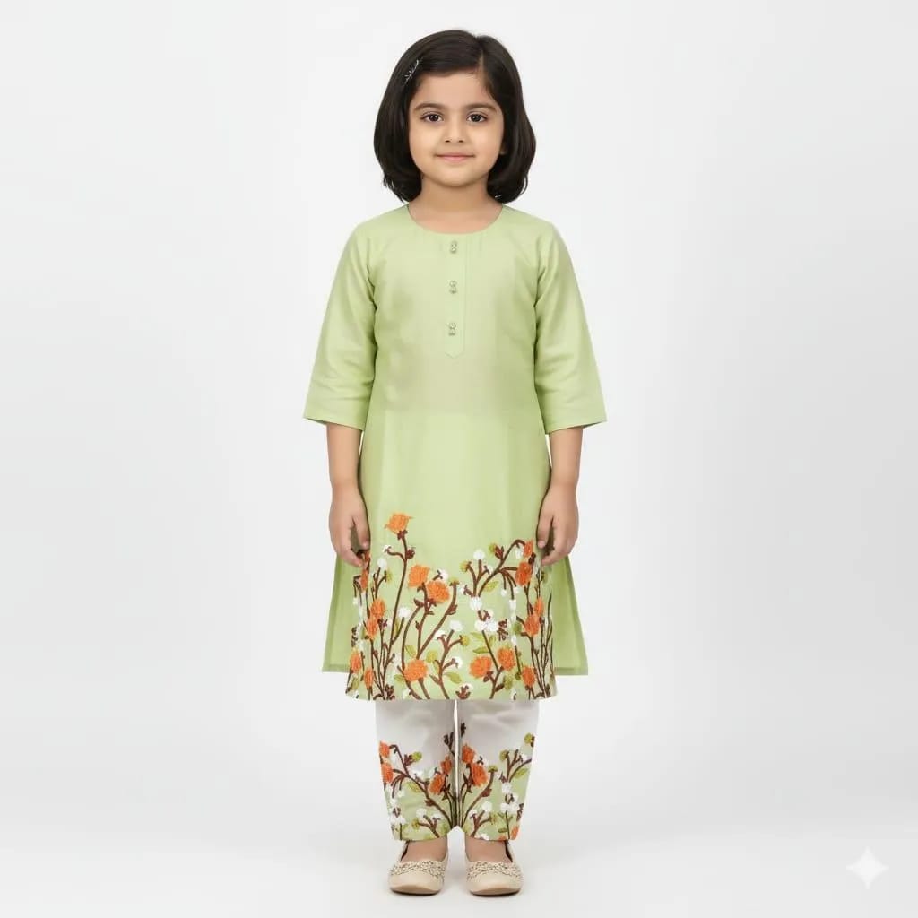 Girls Lawn Printed 2-Piece Suit Green Floral 5-12Yrs