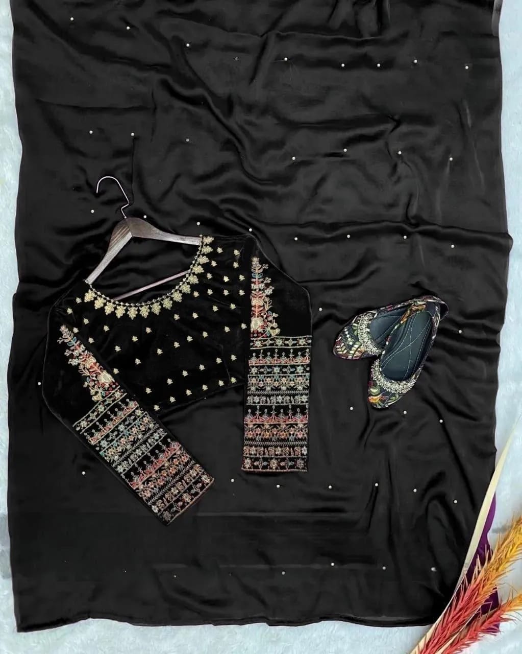 Black Chiffon 3-Piece Saree Set for Eid &amp; Weddings