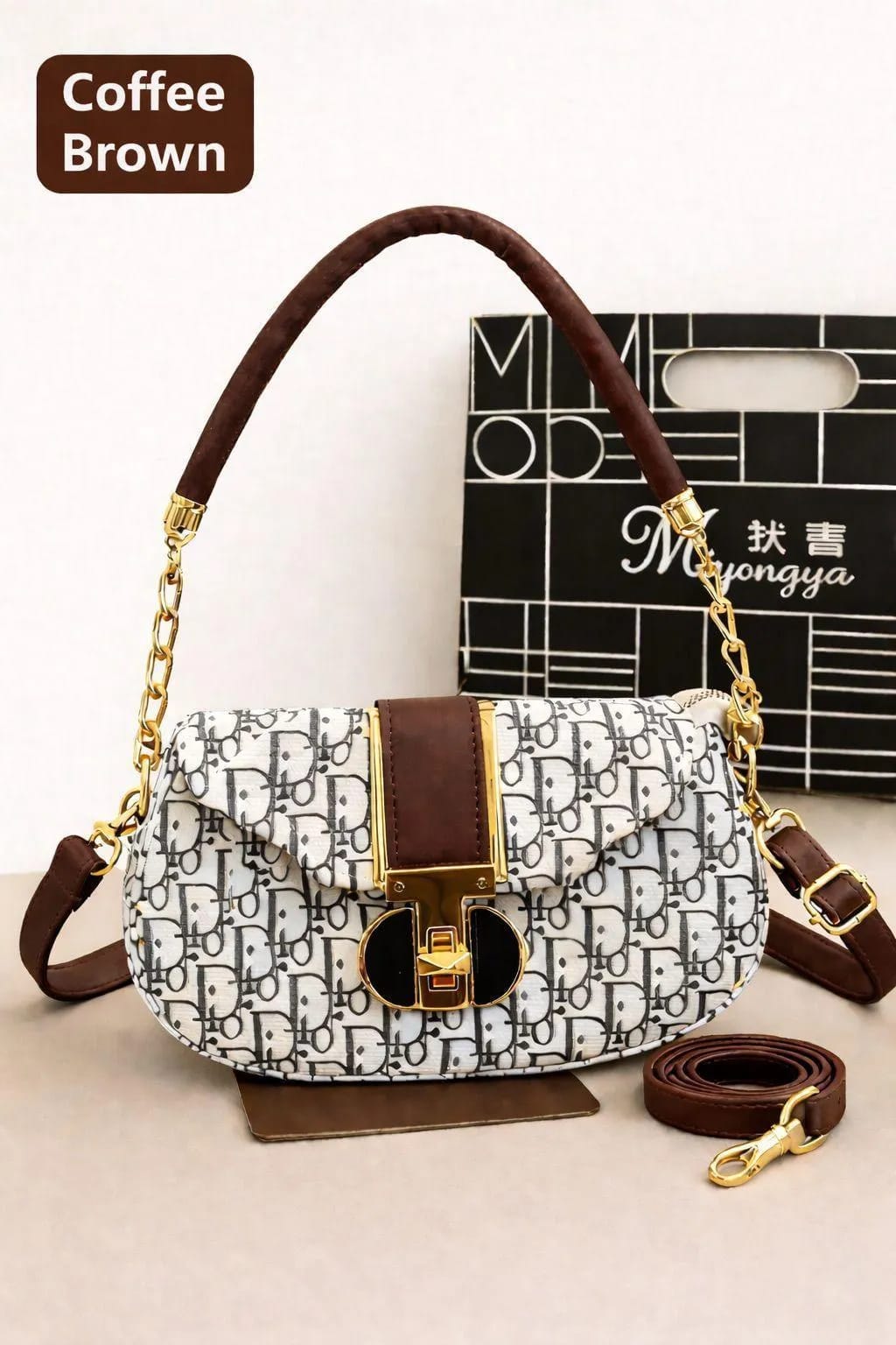 Coffee Brown Monogram Leather Shoulder Bag for Women