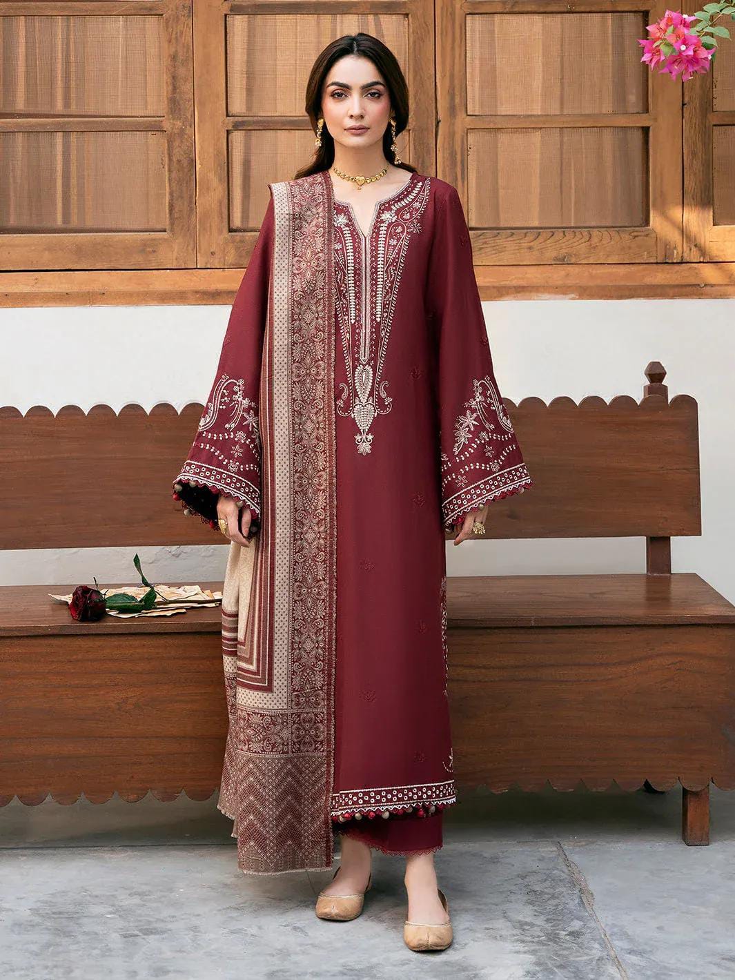 Maroon Embroidered 3 Pcs Lawn Suit for Eid &amp; Parties