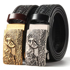 Men Leather Belt with Tiger Carved Buckle Black Gold