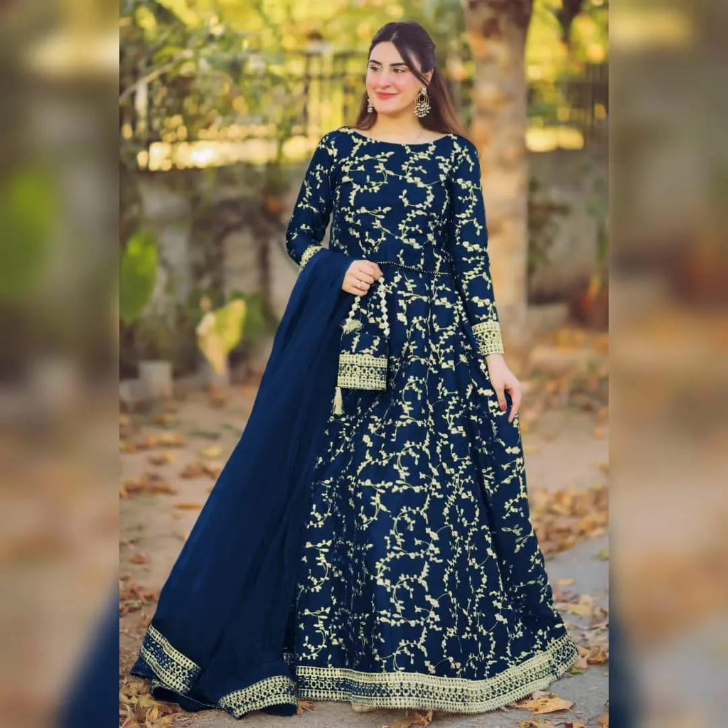 Deep Blue Golden Embroidered 3-Piece Shamoz Silk Eid Set