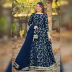 Deep Blue Golden Embroidered 3-Piece Shamoz Silk Eid Set