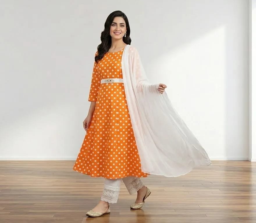 Orange Printed Arabic Lawn 3Pcs Maxi Set