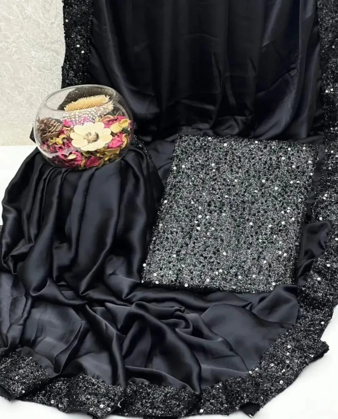 Black Sequin Border Saree with Blouse Set