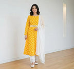 Women Yellow Polka Dot Kurta Set with White