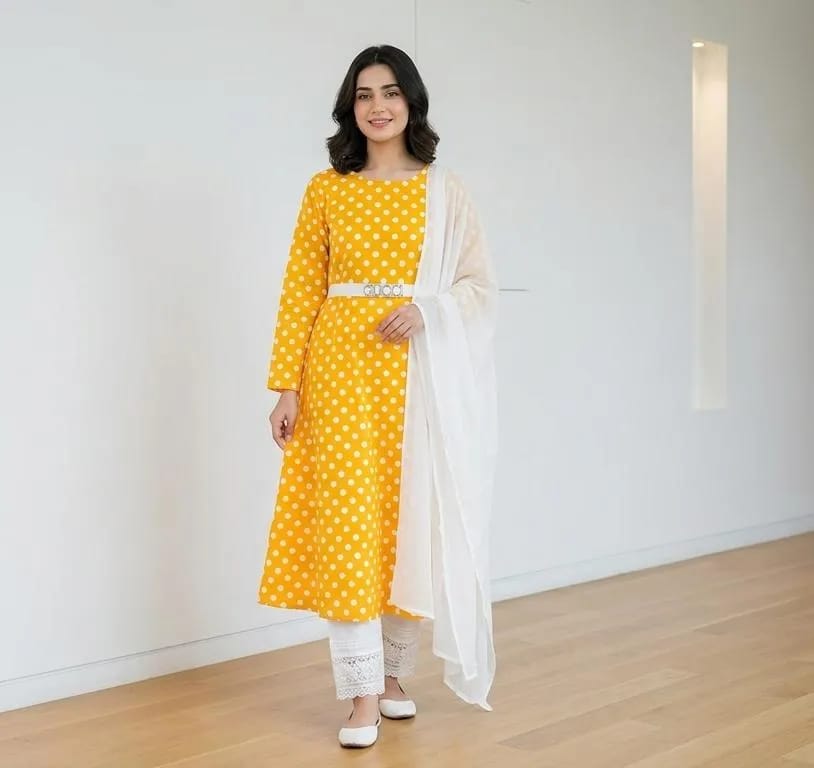Women Yellow Polka Dot Kurta Set with White