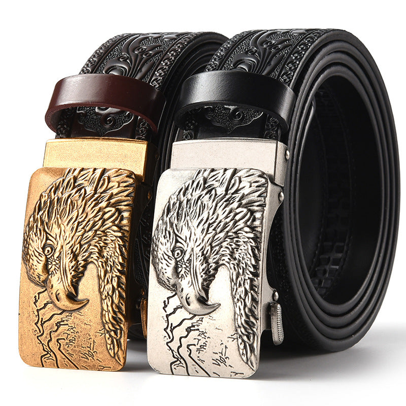 Men Leather Belt with Tiger Carved Buckle Black Gold