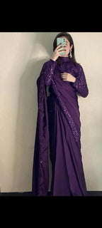 Purple Sequin Embroidered Shamoz Silk Saree Set 7 Yards
