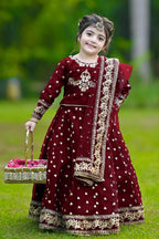 Kids 3Pcs Embroidered Maroon Lehenga Set