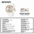 Sanda White Quartz Watch with Double Calendar & Waterproof