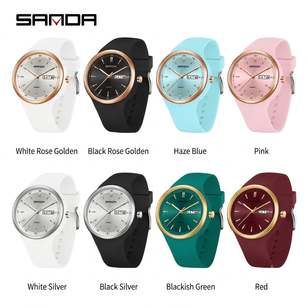 Sanda White Quartz Watch with Double Calendar & Waterproof