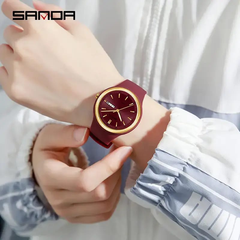 Sanda White Quartz Watch with Double Calendar & Waterproof