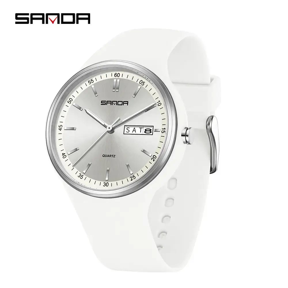 Sanda White Quartz Watch with Double Calendar & Waterproof
