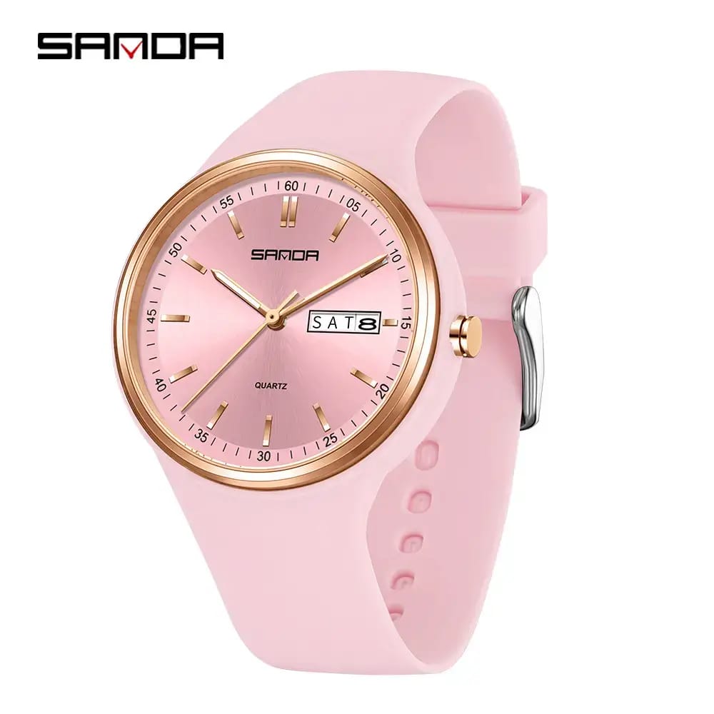 Sanda White Quartz Watch with Double Calendar & Waterproof