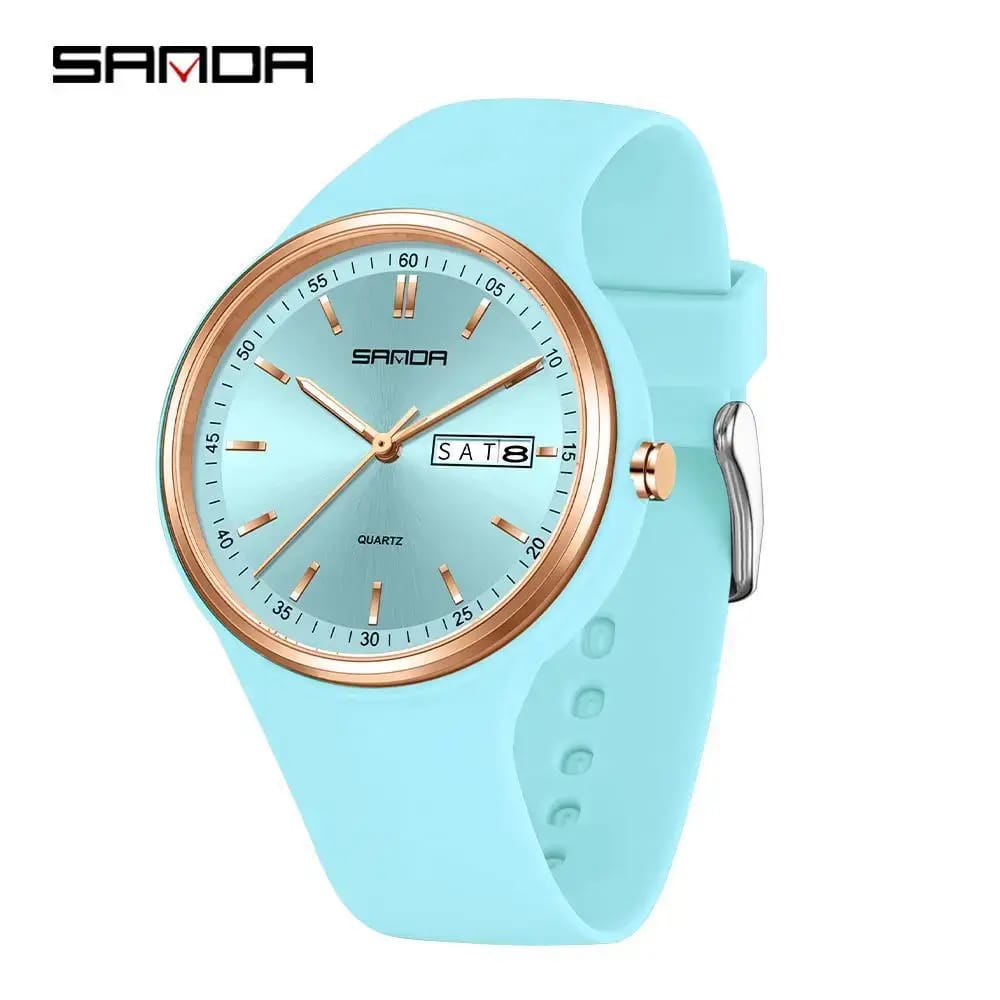 Sanda White Quartz Watch with Double Calendar & Waterproof