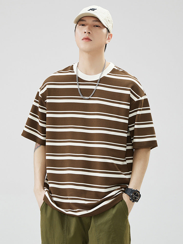 Men Striped Cotton T-Shirt Loose Fit Summer Brown White