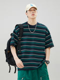 Men Striped Cotton T-Shirt Loose Fit Summer Brown White