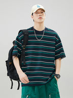 Men Striped Cotton T-Shirt Loose Fit Summer Brown White