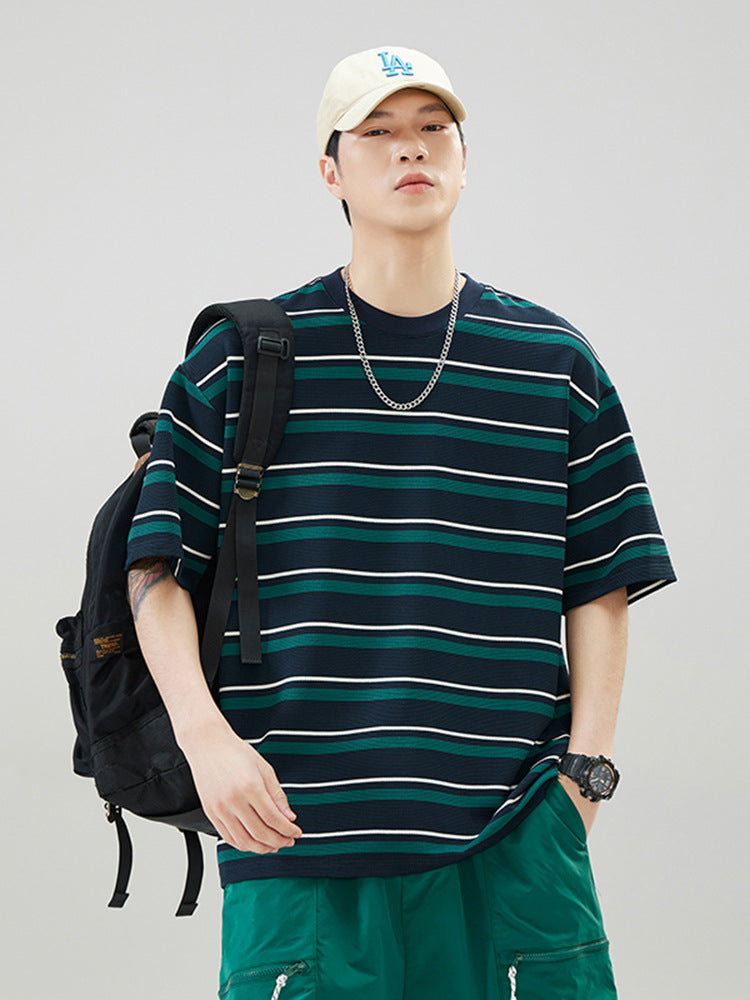 Men Striped Cotton T-Shirt Loose Fit Summer Brown White