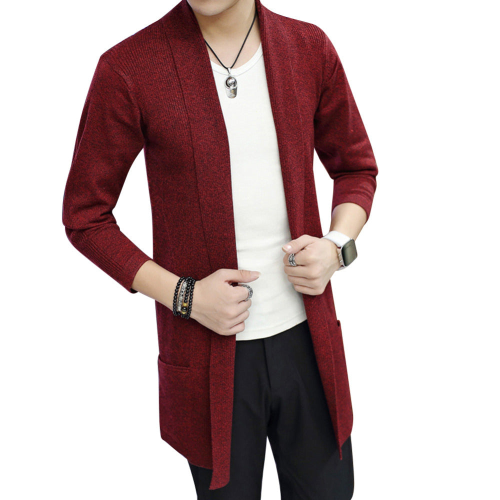 Men's Gray Mid-Length Knit Cardigan Spring Slim Fit