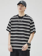 Men Striped Cotton T-Shirt Loose Fit Summer Brown White