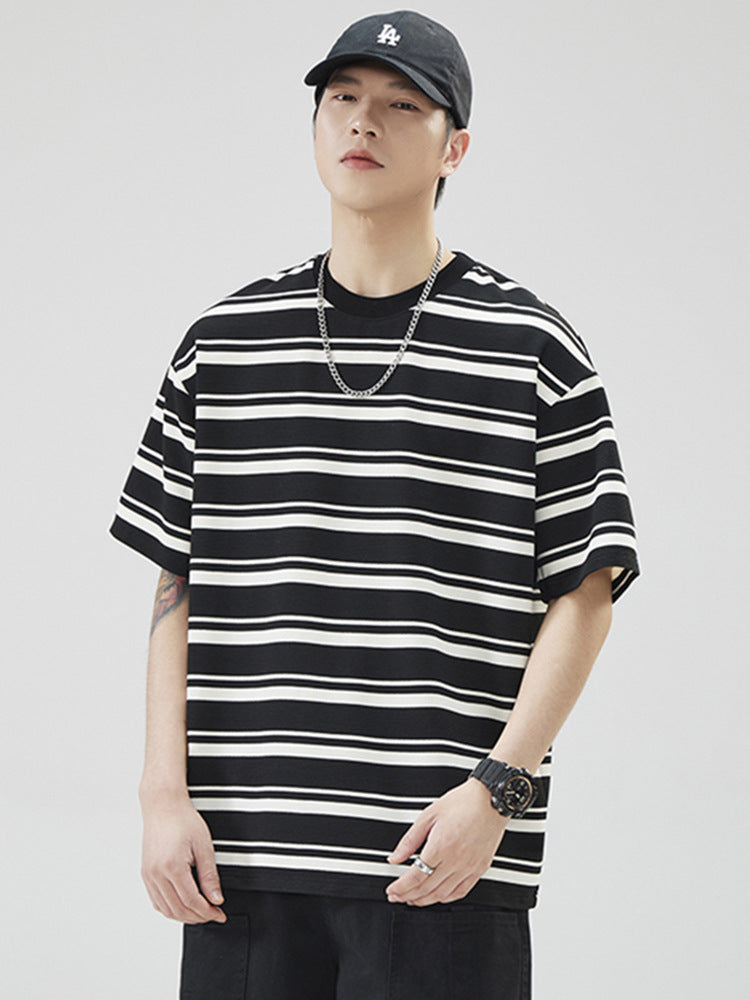 Men Striped Cotton T-Shirt Loose Fit Summer Brown White
