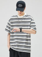 Men Striped Cotton T-Shirt Loose Fit Summer Brown White